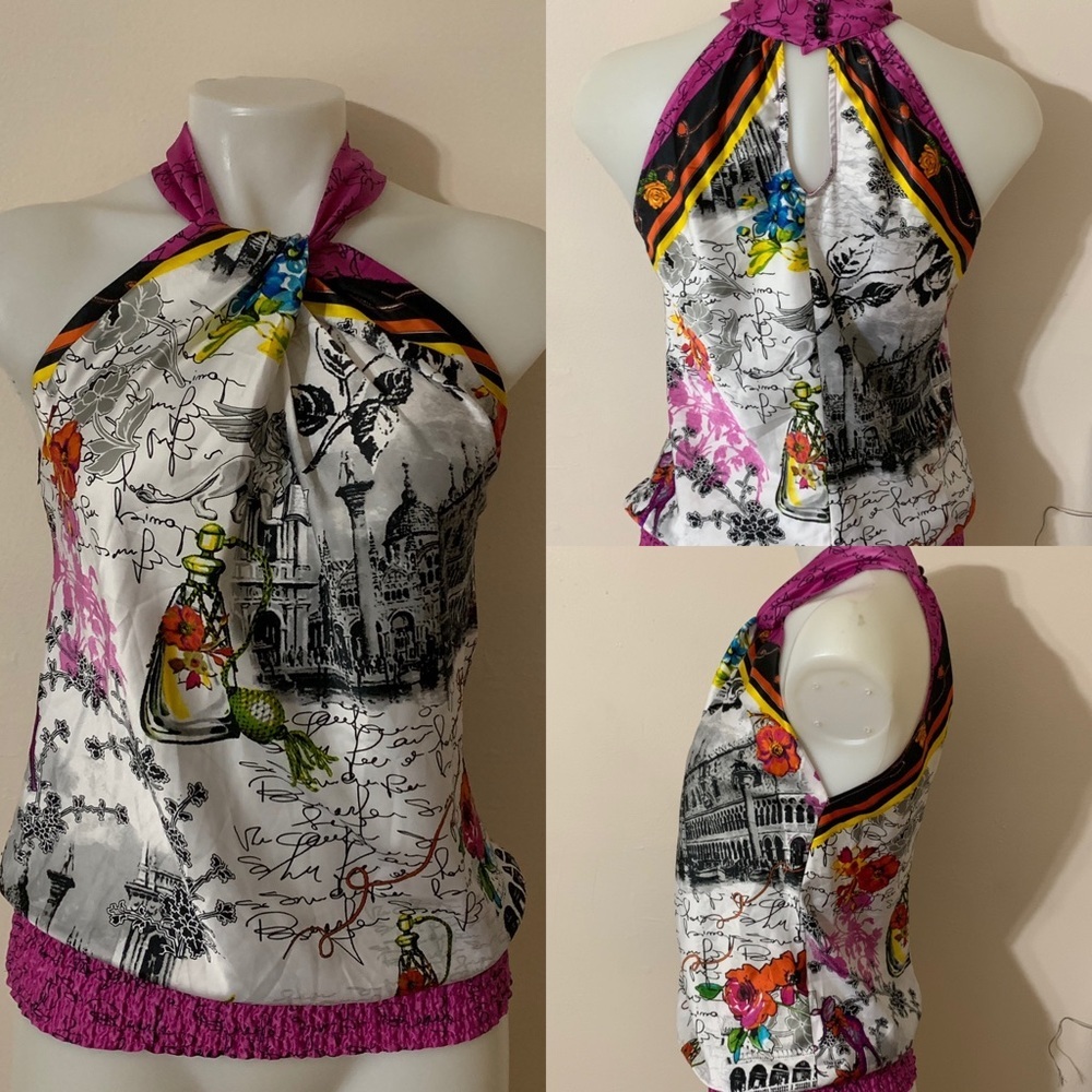 Cache Multicolor Halter Silk-Blend Printed Blouse with Magenta Trim